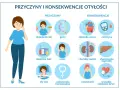 Ilustracja pokazuje przyczyny i konsekwencje nadwagi i otyłości: objadanie się, geny, stres, złe nawyki, choroby serca, cukrzycę, problemy z nerkami i wątrobą.