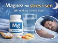 Magnez z witaminą B6 na stres i sen. Butelka magnezu, szklanka wody i śpiący mężczyzna.