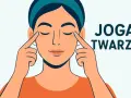 Kobieta ćwiczy jogę twarzy, delikatnie masując okolice oczu. Widoczne napisy "JOGA TWARZY" sugerują pozytywne efekty.