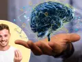 Uśmiechnięty mężczyzna z gestem dłoni, nad którą unosi się model mózgu połączony sieciami. Może to symbolizować wsparcie dla funkcji poznawczych, np. dzięki tyrozynie.