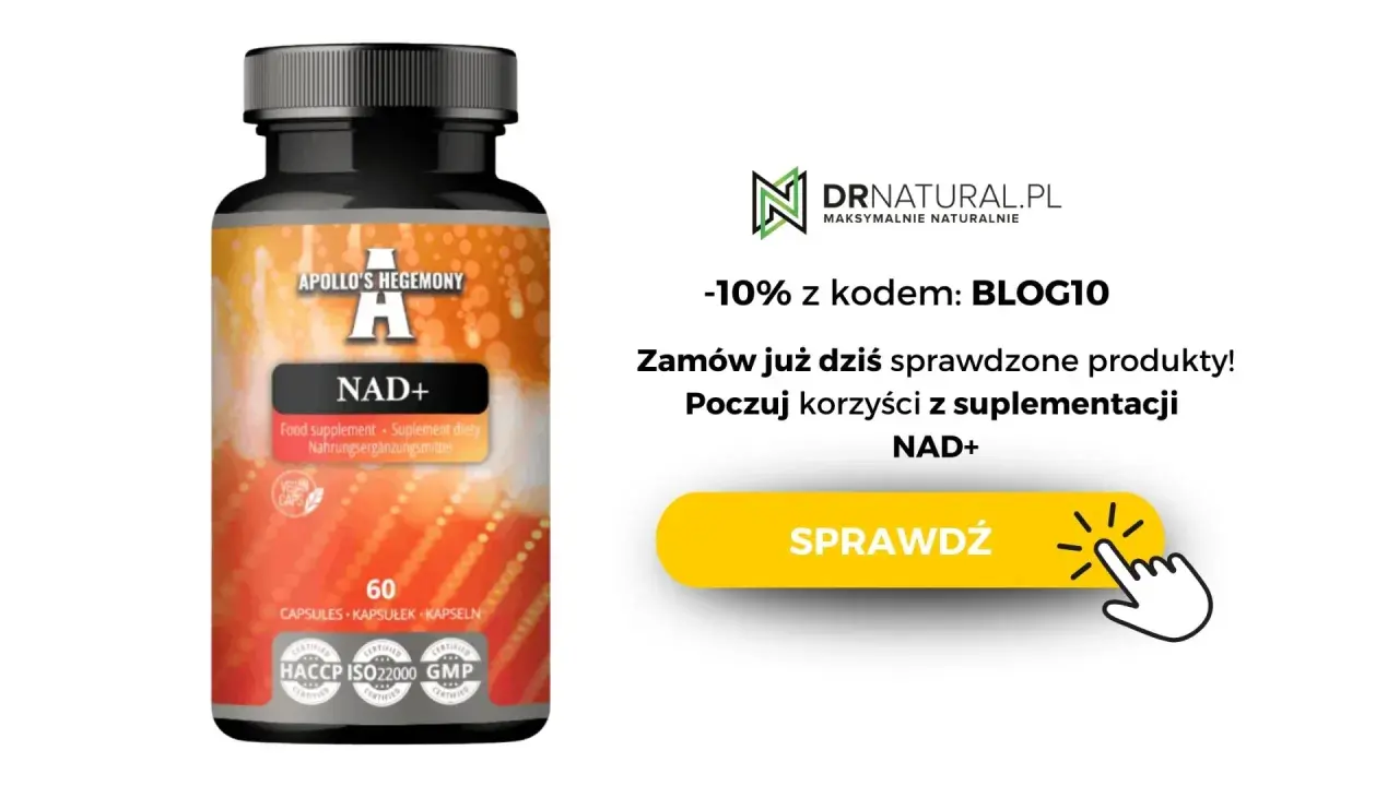 Butelka suplementu NAD+ z napisem "Apollo's Hegemony". Obok oferta -10% na produkty DrNatural.pl.