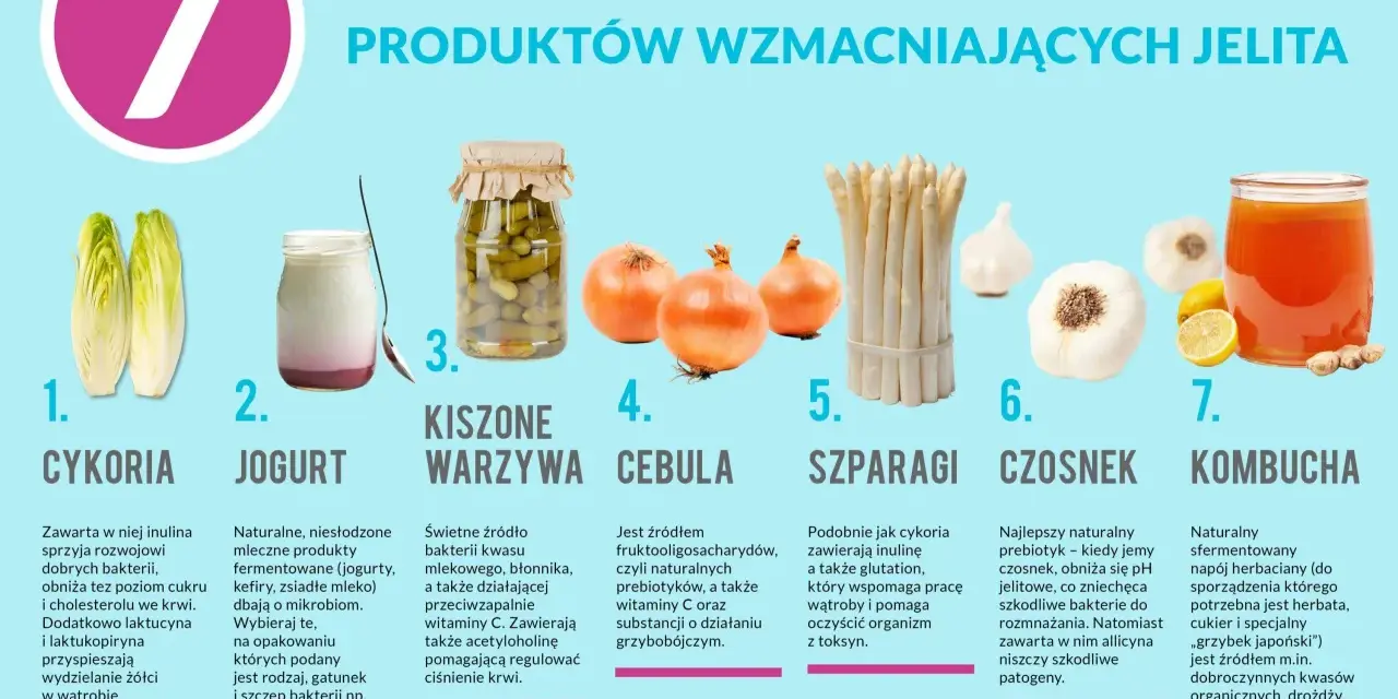 Cykoria, jogurt, kiszone warzywa, cebula, szparagi, czosnek (prebiotyk) i kombucha – produkty wzmacniające jelita.