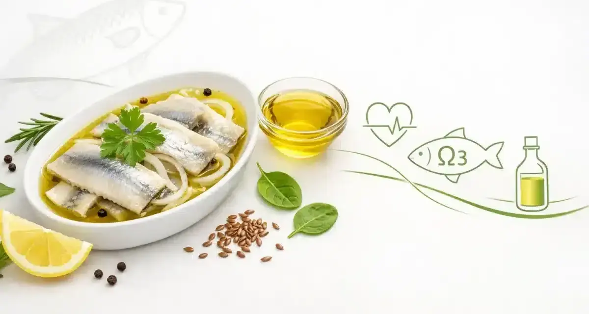 Śledzie w oleju, bogate w Omega-3, są zdrowe dla serca. Na talerzu śledzie z cebulą, cytryną i ziołami.