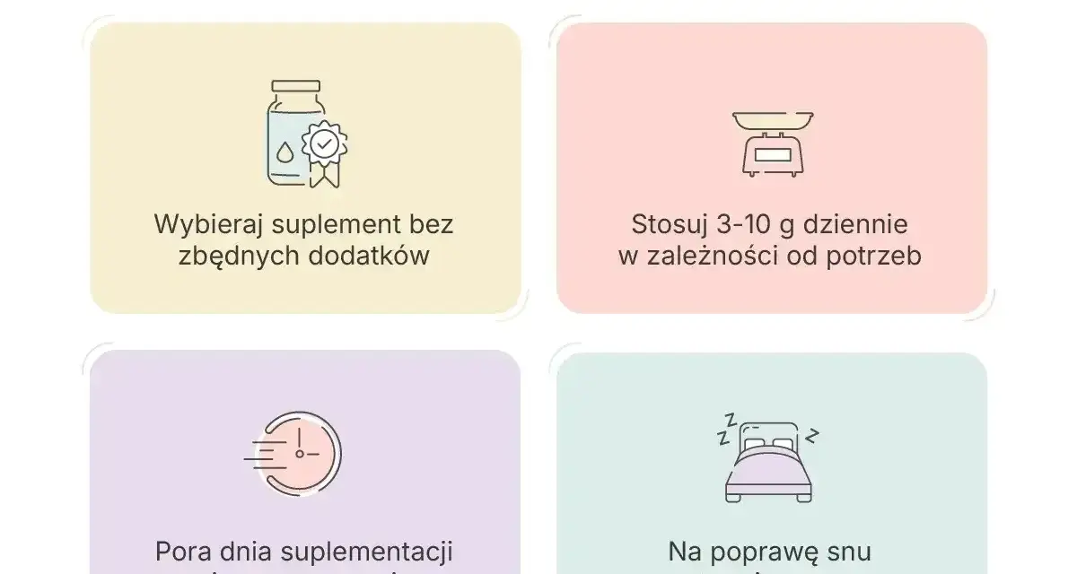 Glicyna co to? Wybieraj suplement bez dodatków, stosuj 3-10g dziennie. Pora dnia nie ma znaczenia, ale na sen najlepiej przyjmować ją na noc.