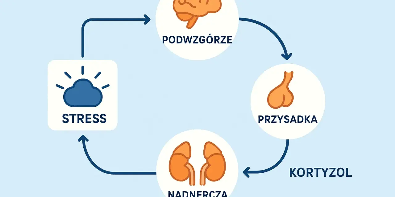 Schemat osi HPA: stres aktywuje podwzgórze, przysadkę i nadnercza, produkując kortyzol.