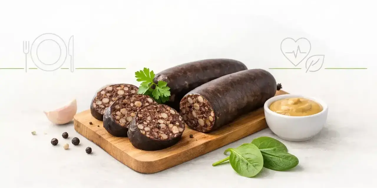 Kaszanka na desce z dodatkami, obok musztarda i zioła. Czy kaszanka jest zdrowa? Zależy od składników i sposobu przygotowania.
