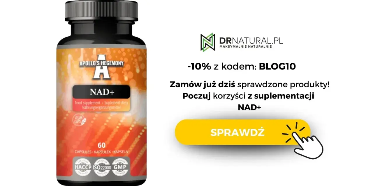Butelka suplementu NAD+ z napisem "Apollo's Hegemony". Obok oferta -10% na produkty DrNatural.pl.