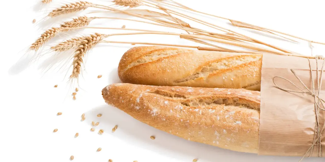 Dwa świeże bagietki, jeden zawinięty w papier, obok kłosów pszenicy i ziaren. Dla osób z alergią na gluten to widok zakazany.