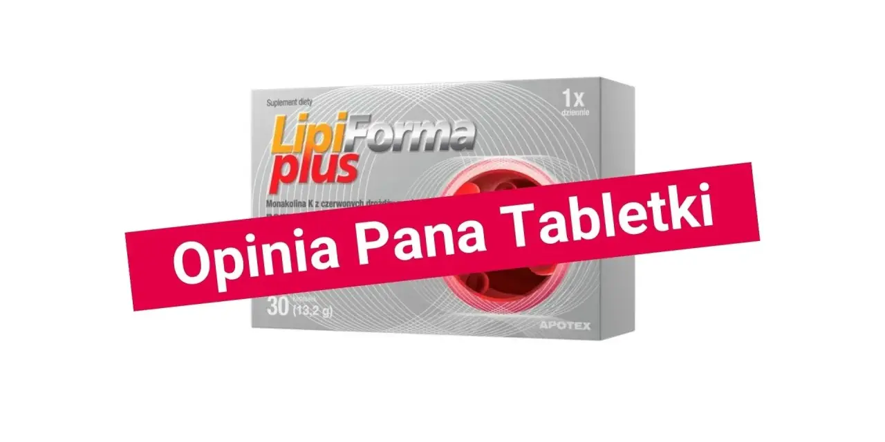 Opakowanie suplementu diety LipiForma plus z monakoliną K. Na pierwszym planie czerwony pas z napisem "Opinia Pana Tabletki".