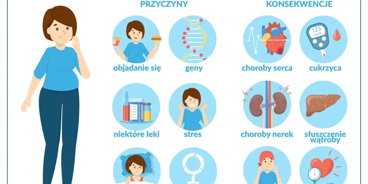 Ilustracja pokazuje przyczyny i konsekwencje nadwagi i otyłości: objadanie się, geny, stres, złe nawyki, choroby serca, cukrzycę, problemy z nerkami i wątrobą.