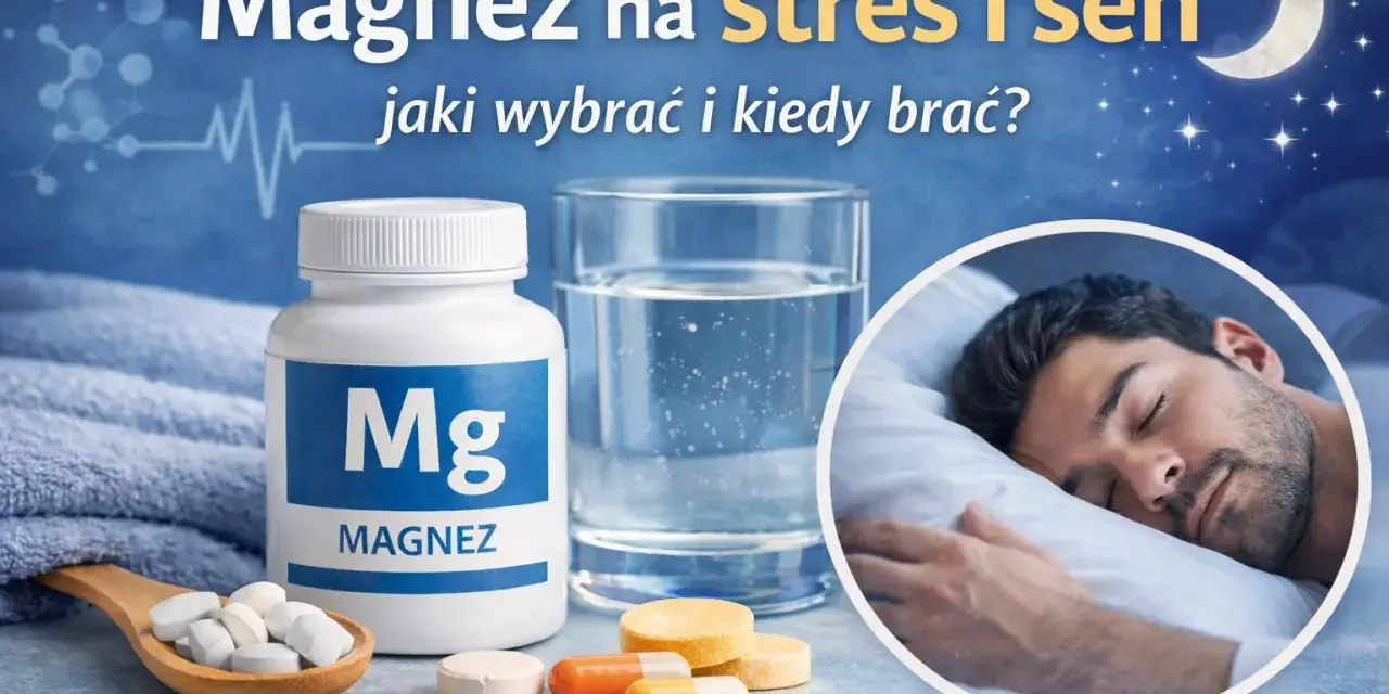 Magnez z witaminą B6 na stres i sen. Butelka magnezu, szklanka wody i śpiący mężczyzna.