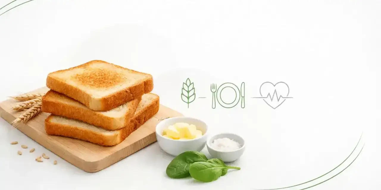 Stos tostowy, masło, sól, szpinak i symbole zdrowia. Czy chleb tostowy jest zdrowy? Zależy od dodatków i sposobu przygotowania.