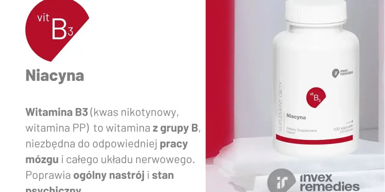 Niacyna, witamina B3, wspiera pracę mózgu i układu nerwowego, poprawiając nastrój. Opakowanie suplementu diety.