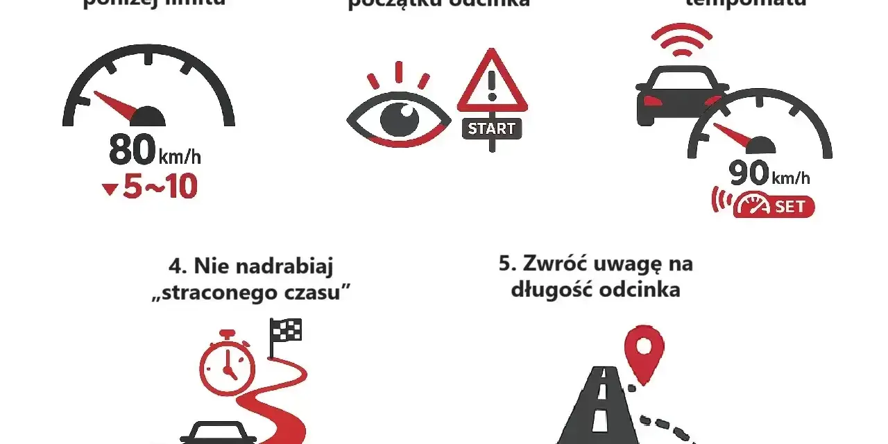Instrukcja jak jechać zgodnie z odcinkowy pomiar predkosci: ustaw prędkość poniżej limitu, obserwuj znaki, korzystaj z tempomatu, nie nadrabiaj czasu, zwróć uwagę na długość odcinka.