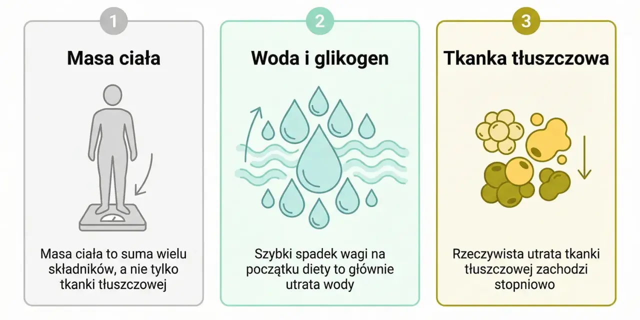Masa ciała to suma składników, nie tylko tkanki tłuszczowej. Szybki spadek wagi to utrata wody, a rzeczywista utrata tkanki tłuszczowej w miesiąc zachodzi stopniowo.