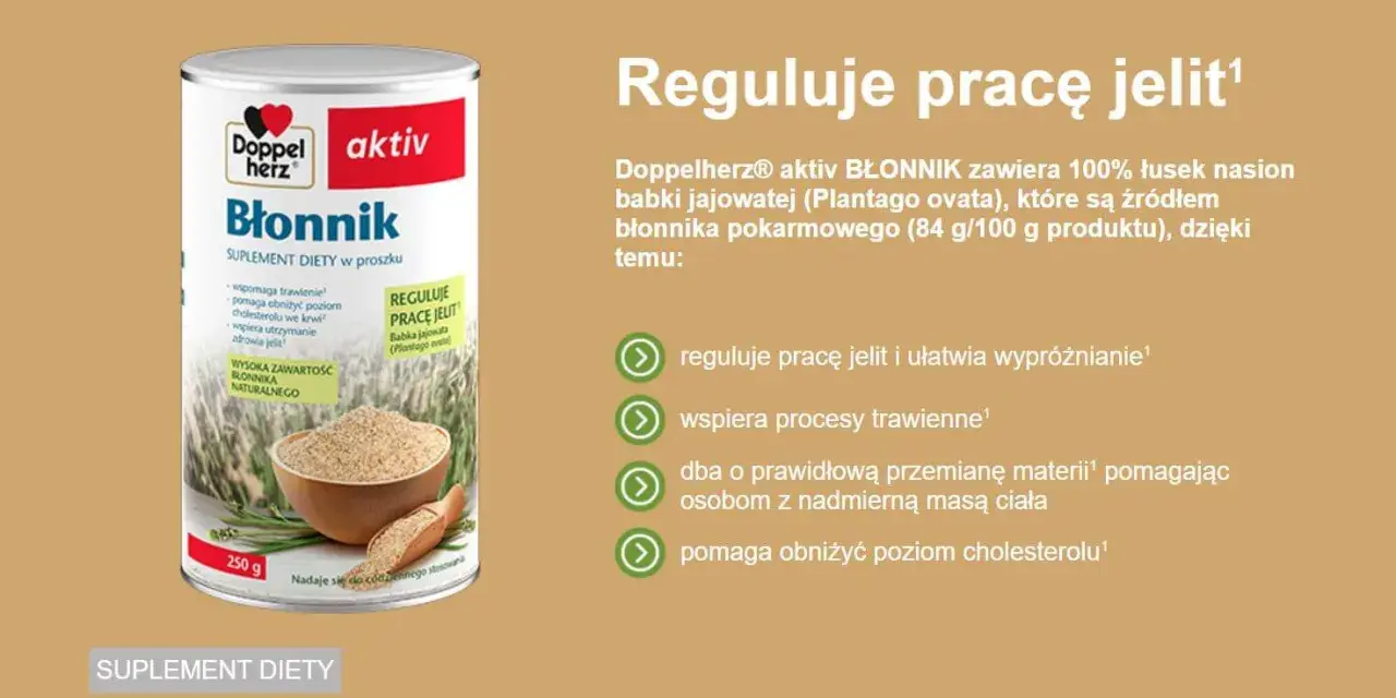 Doppelherz aktiv Błonnik z babki jajowatej reguluje pracę jelit. To naturalny błonnik pokarmowy, który wspomaga trawienie i ułatwia wypróżnianie.
