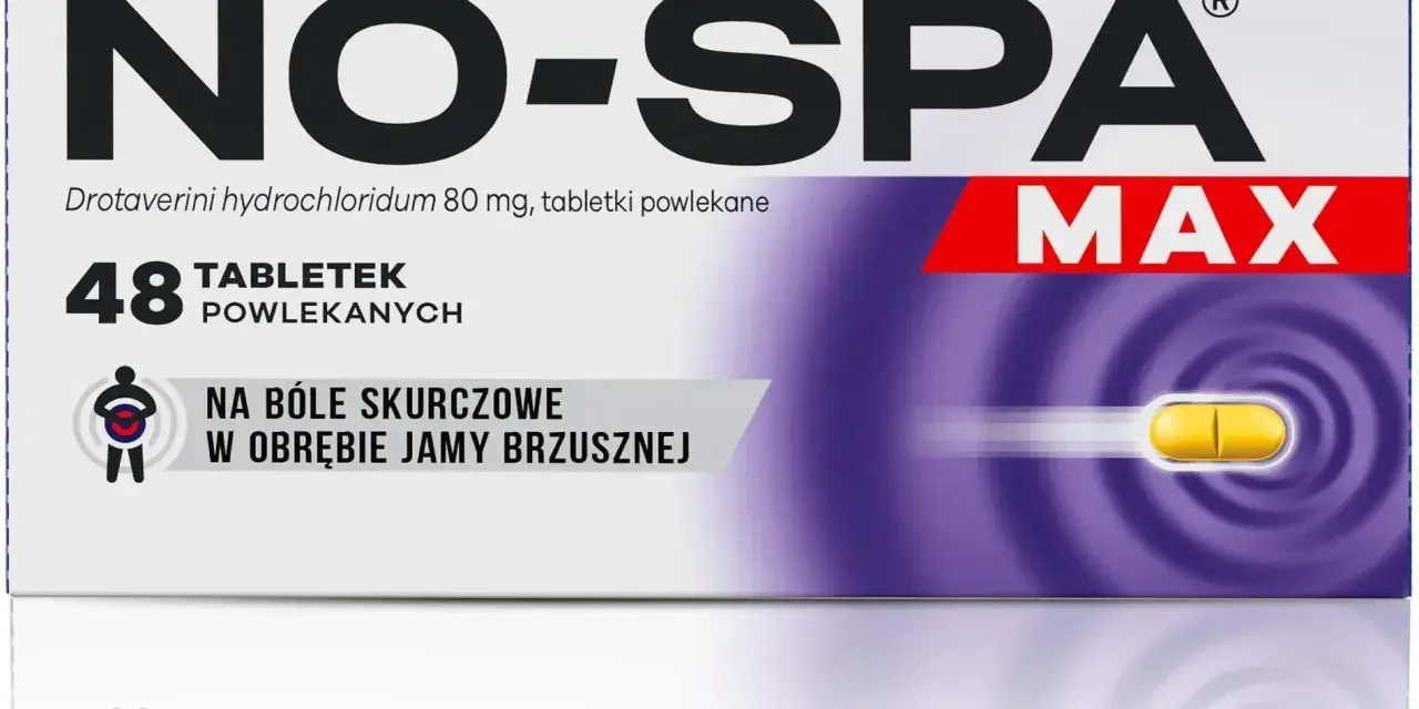 Opakowanie leku No-Spa Max na bóle skurczowe brzucha. Pomaga przy niestrawność objawy. 48 tabletek.