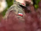 Żołnierz w mundurze z polską flagą. W tle zamazane czerwone liście i zieleń. Choroby dyskwalifikujące ze służby wojskowej mogą wpłynąć na możliwość noszenia takiego munduru.