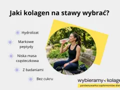 Aktywna kobieta pije napój. Obok lista cech dobrego kolagenu na stawy: hydrolizat, peptydy, niska masa, z badaniami, bez cukru.