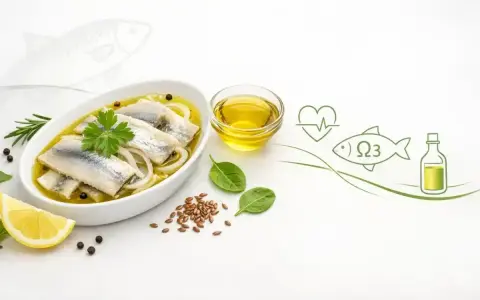 Śledzie w oleju, bogate w Omega-3, są zdrowe dla serca. Na talerzu śledzie z cebulą, cytryną i ziołami.