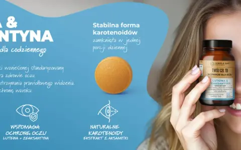 Uśmiechnięta kobieta trzyma suplement diety z luteiną i zeaksantyną, wspierający zdrowie oczu.