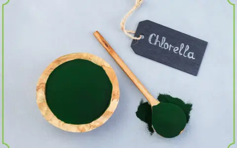 Chlorella w proszku w drewnianej miseczce i na łyżce. Tabliczka z napisem "Chlorella" podpowiada, jak stosować ten zielony proszek.