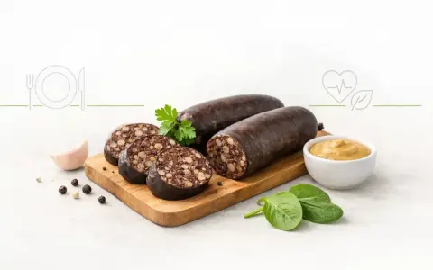 Kaszanka na desce z dodatkami, obok musztarda i zioła. Czy kaszanka jest zdrowa? Zależy od składników i sposobu przygotowania.