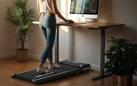 Kobieta pracuje przy biurku, jednocześnie chodząc na bieżni. Zastanawiasz się, ile kroków dziennie żeby schudnąć? To świetny sposób na połączenie pracy i aktywności.