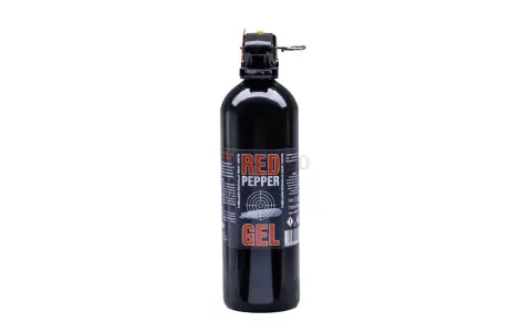 Czarny spray z gazem pieprzowym "Red Pepper Gel" z etykietą i dyszą.