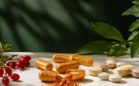 Kapsułki z berberyną, tabletki i gałązka z czerwonymi owocami na białym tle. Naturalne wsparcie dla zdrowia.