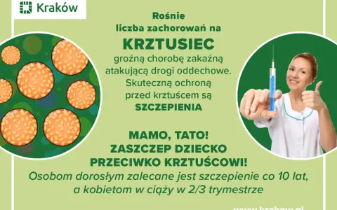 Grafika informuje o wzroście zachorowań na krztusiec. Zaleca szczepienia jako skuteczną ochronę. Pielęgniarka z uśmiechem pokazuje strzykawkę.