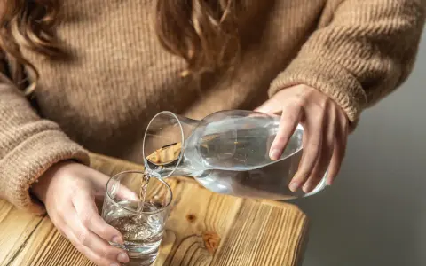 Dłonie nalewają wodę z karafki do szklanki. Pamiętaj, by stay hydrated.