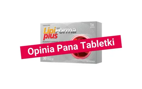 Opakowanie suplementu diety LipiForma plus z monakoliną K. Na pierwszym planie czerwony pas z napisem "Opinia Pana Tabletki".