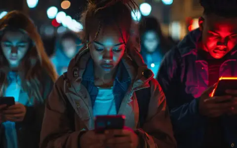 Młodzi ludzie pogrążeni w ekranach telefonów, zmagający się z nomofobią w nocnym mieście.