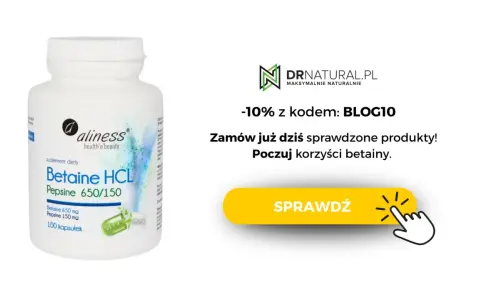 Suplement diety Betaine HCL Pepsine 650/150 od Aliness. Zamów już dziś i poczuj korzyści betainy. -10% z kodem BLOG10.
