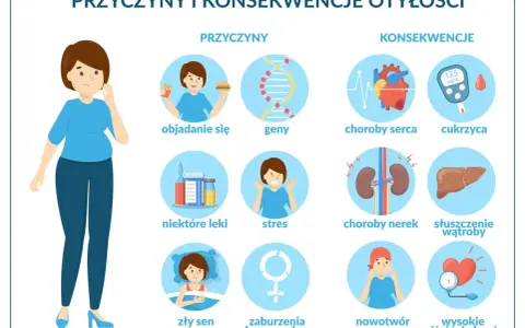 Ilustracja pokazuje przyczyny i konsekwencje nadwagi i otyłości: objadanie się, geny, stres, złe nawyki, choroby serca, cukrzycę, problemy z nerkami i wątrobą.