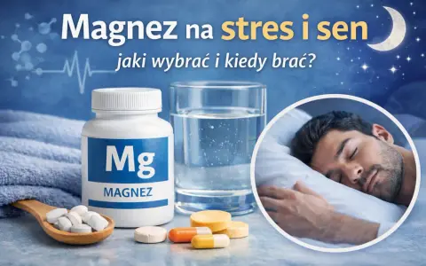 Magnez z witaminą B6 na stres i sen. Butelka magnezu, szklanka wody i śpiący mężczyzna.