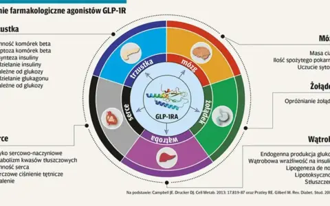 Schemat działania agonistów GLP-1R na organizm: trzustkę, mózg, żołądek, wątrobę i serce.