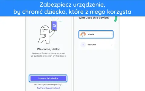 Ekran powitalny aplikacji Qustodio. Postać z kreskówki trzyma telefon. Wybierz "Wizkid", by chronić knykiec.