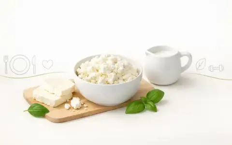 Twaróg w misce, na desce kawałki sera i listki bazylii. Zastanawiasz się, ile białka ma twaróg? To świetne źródło protein!