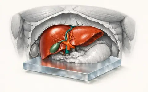 Anatomical illustration of a healthy liver, gallbladder, pancreas, and diaphragm. This ast norma shows the organs in their typical position.