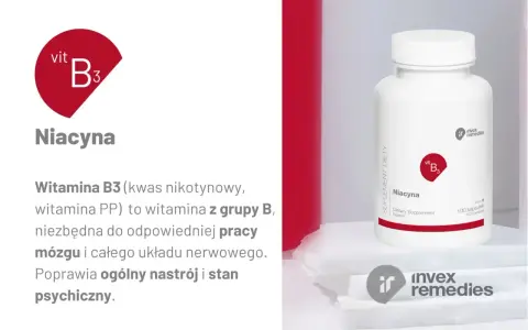 Niacyna, witamina B3, wspiera pracę mózgu i układu nerwowego, poprawiając nastrój. Opakowanie suplementu diety.