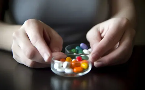 Dwie dłonie trzymają szklane miseczki z kolorowymi tabletki na schudnięcie.