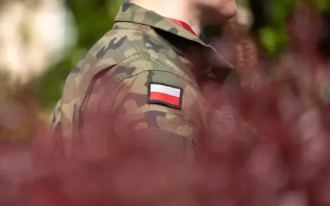 Żołnierz w mundurze z polską flagą. W tle zamazane czerwone liście i zieleń. Choroby dyskwalifikujące ze służby wojskowej mogą wpłynąć na możliwość noszenia takiego munduru.