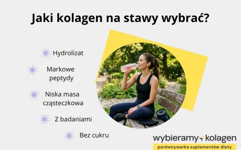 Aktywna kobieta pije napój. Obok lista cech dobrego kolagenu na stawy: hydrolizat, peptydy, niska masa, z badaniami, bez cukru.