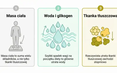 Masa ciała to suma składników, nie tylko tkanki tłuszczowej. Szybki spadek wagi to utrata wody, a rzeczywista utrata tkanki tłuszczowej w miesiąc zachodzi stopniowo.
