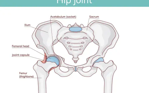 Anatomia stawu biodrowego: miednica z kością krzyżową i kośćmi udowymi, pokazująca panewkę stawu biodrowego i głowę kości udowej.