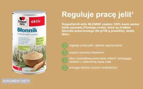 Doppelherz aktiv Błonnik z babki jajowatej reguluje pracę jelit. To naturalny błonnik pokarmowy, który wspomaga trawienie i ułatwia wypróżnianie.