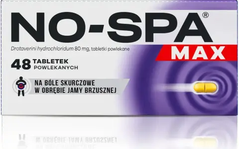 Opakowanie leku No-Spa Max na bóle skurczowe brzucha. Pomaga przy niestrawność objawy. 48 tabletek.