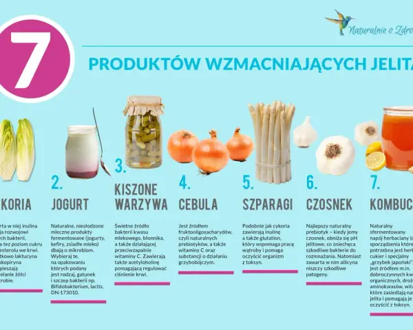 Cykoria, jogurt, kiszone warzywa, cebula, szparagi, czosnek (prebiotyk) i kombucha – produkty wzmacniające jelita.